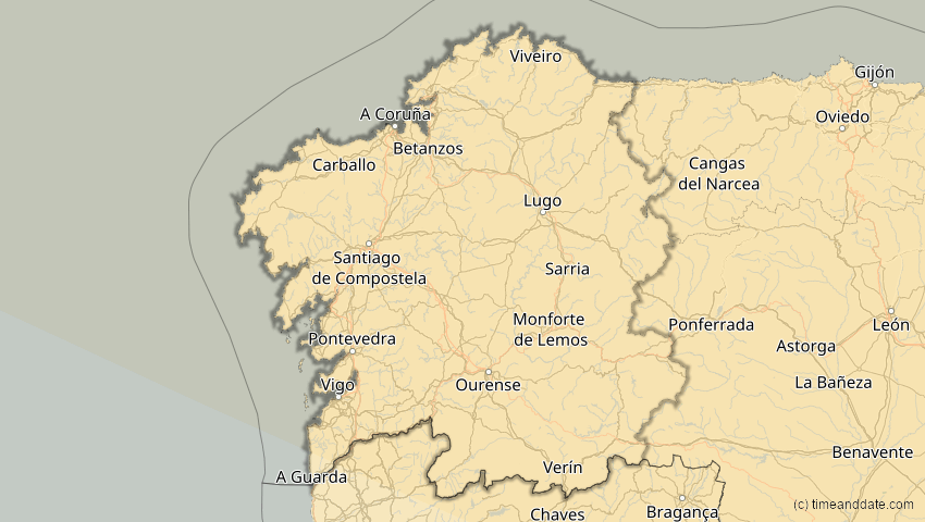 A map of Galicien, Spanien, showing the path of the 21. Aug 2036 Partielle Sonnenfinsternis