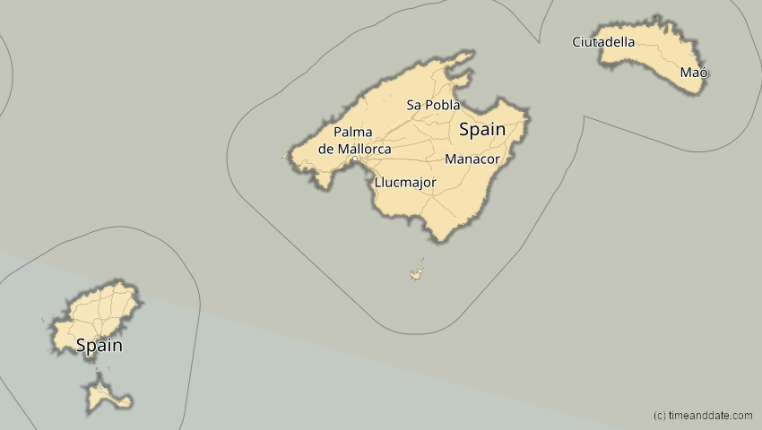 A map of Balearische Inseln, Spanien, showing the path of the 21. Aug 2036 Partielle Sonnenfinsternis