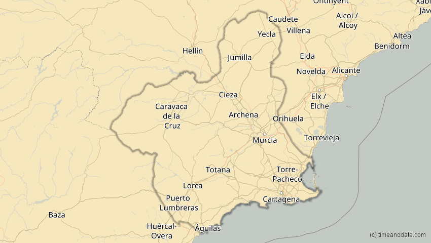 A map of Murcia, Spanien, showing the path of the 21. Aug 2036 Partielle Sonnenfinsternis