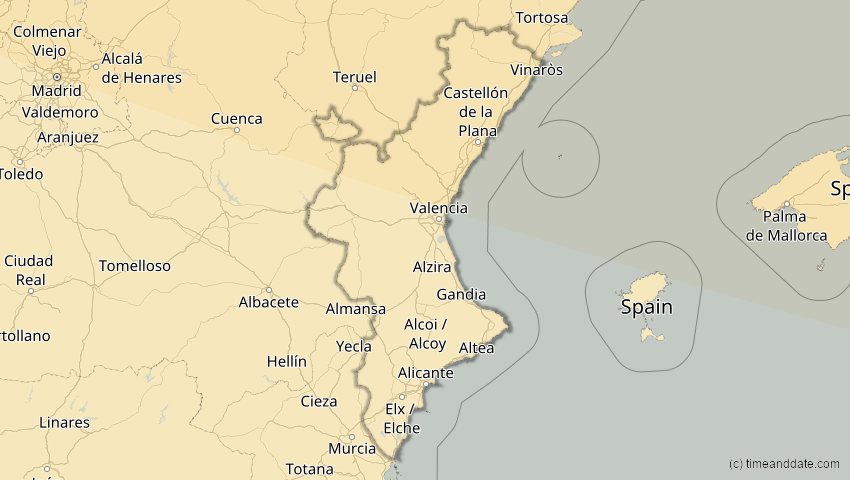 A map of Valencia, Spanien, showing the path of the 21. Aug 2036 Partielle Sonnenfinsternis
