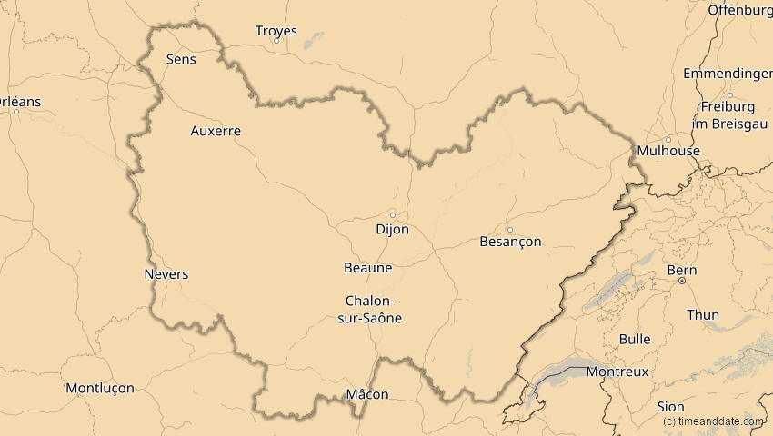 A map of Bourgogne-Franche-Comté, Frankreich, showing the path of the 21. Aug 2036 Partielle Sonnenfinsternis