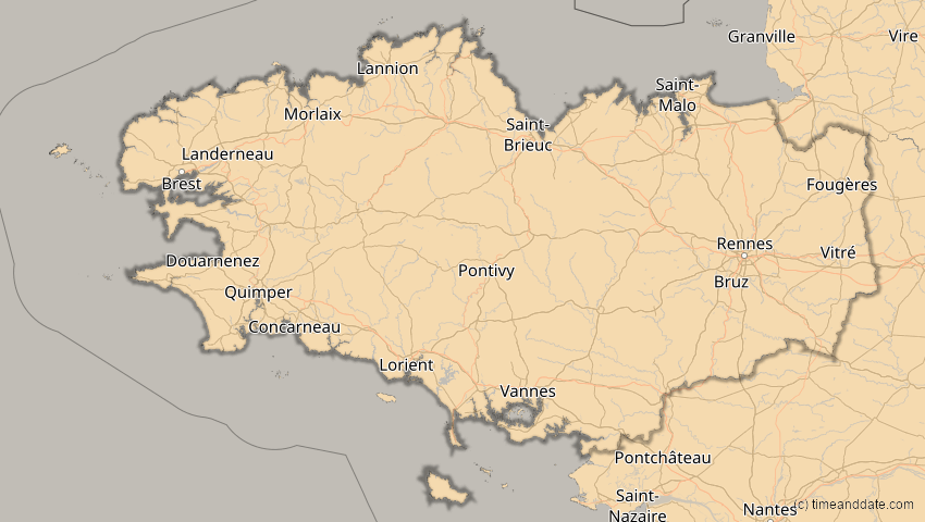 A map of Bretagne, Frankreich, showing the path of the 21. Aug 2036 Partielle Sonnenfinsternis