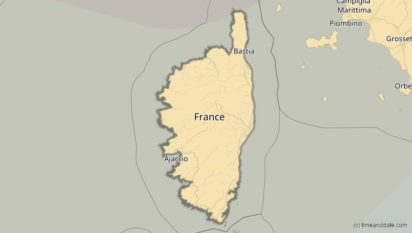 A map of Korsika, Frankreich, showing the path of the 21. Aug 2036 Partielle Sonnenfinsternis