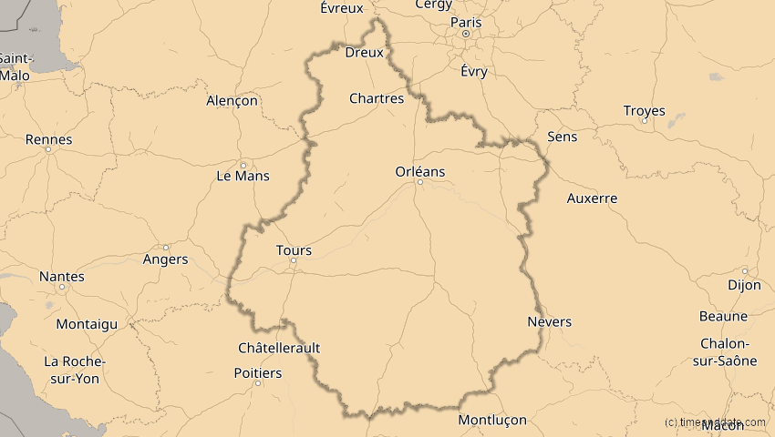 A map of Centre-Val de Loire, Frankreich, showing the path of the 21. Aug 2036 Partielle Sonnenfinsternis