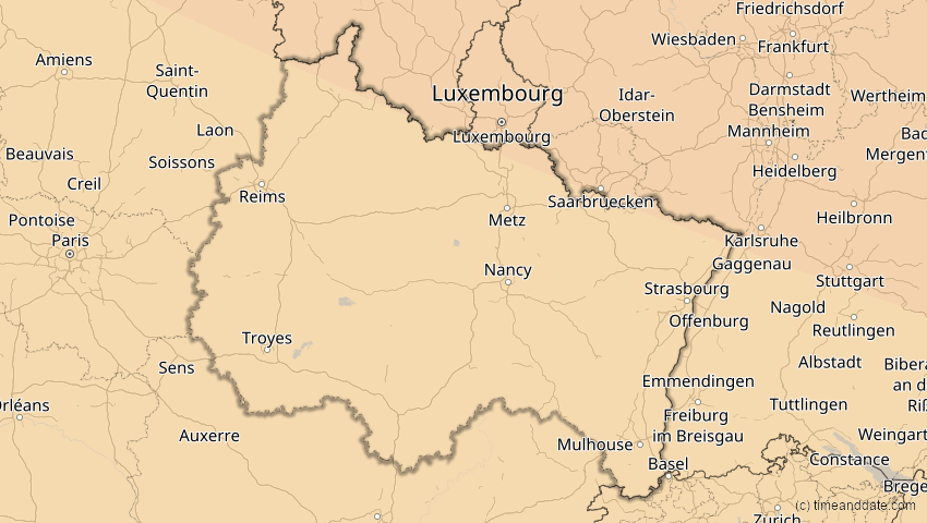 A map of Grand Est, Frankreich, showing the path of the 21. Aug 2036 Partielle Sonnenfinsternis