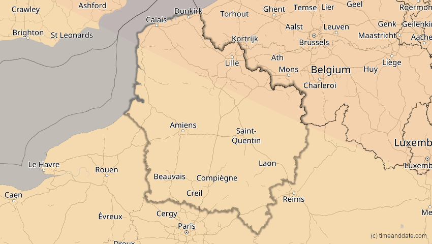 A map of Hauts-de-France, Frankreich, showing the path of the 21. Aug 2036 Partielle Sonnenfinsternis