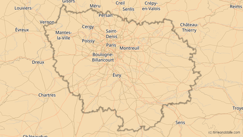 A map of Île-de-France, Frankreich, showing the path of the 21. Aug 2036 Partielle Sonnenfinsternis