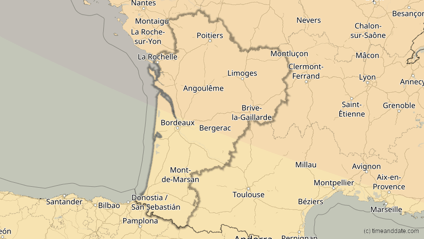 A map of Nouvelle-Aquitaine, Frankreich, showing the path of the 21. Aug 2036 Partielle Sonnenfinsternis