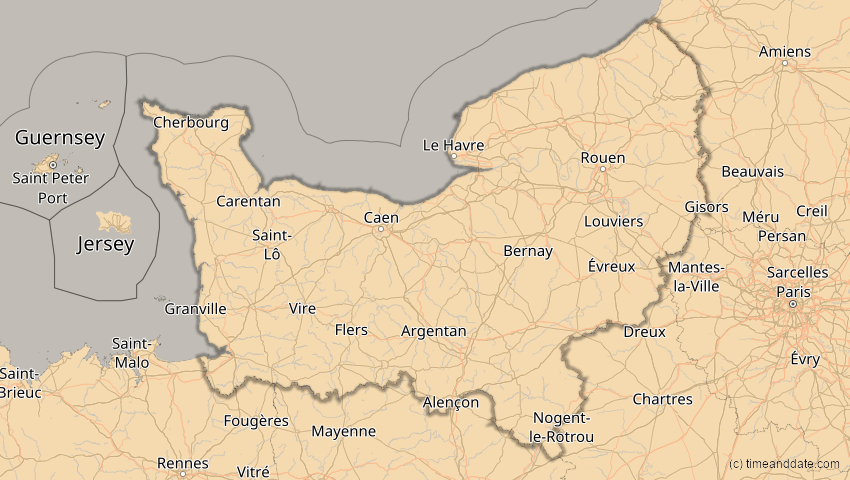 A map of Normandie, Frankreich, showing the path of the 21. Aug 2036 Partielle Sonnenfinsternis