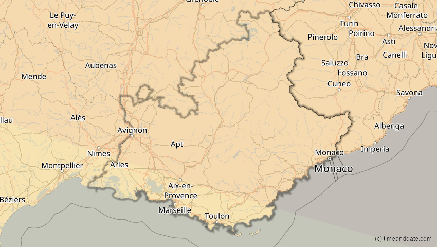 A map of Provence-Alpes-Côte d’Azur, Frankreich, showing the path of the 21. Aug 2036 Partielle Sonnenfinsternis