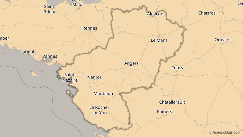 A map of Pays de la Loire, Frankreich, showing the path of the 21. Aug 2036 Partielle Sonnenfinsternis