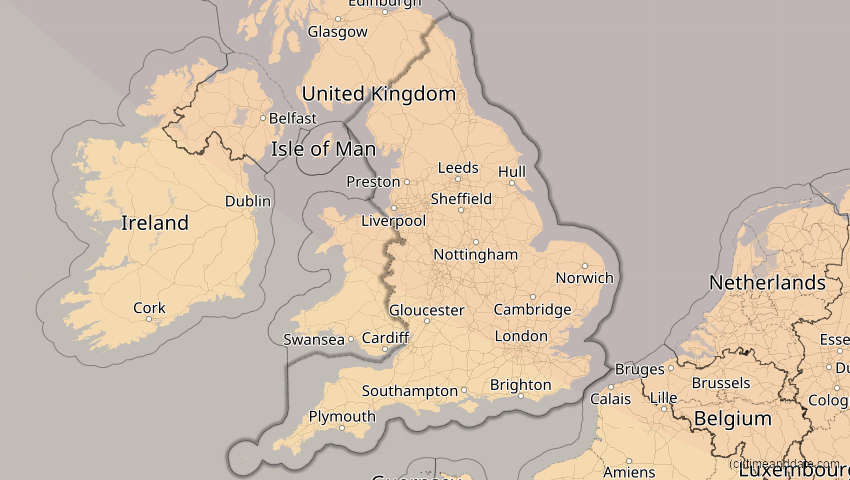 A map of England, Großbritannien, showing the path of the 21. Aug 2036 Partielle Sonnenfinsternis