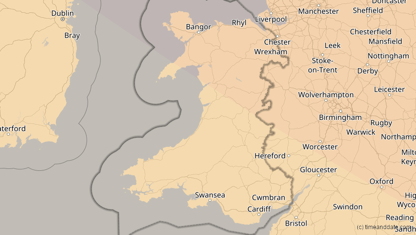 A map of Wales, Großbritannien, showing the path of the 21. Aug 2036 Partielle Sonnenfinsternis