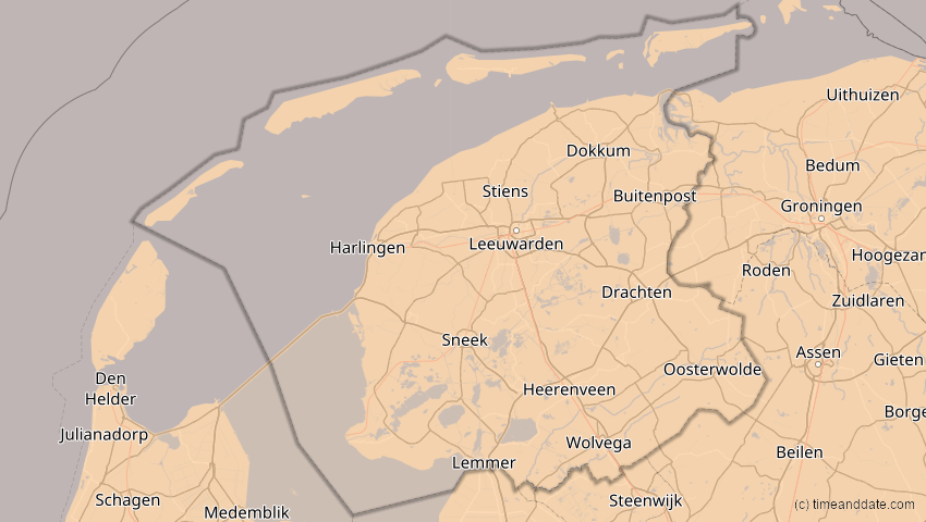 A map of Friesland, Niederlande, showing the path of the 21. Aug 2036 Partielle Sonnenfinsternis
