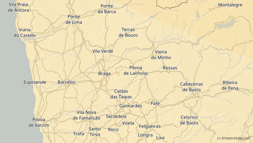 A map of Braga, Portugal, showing the path of the 21. Aug 2036 Partielle Sonnenfinsternis