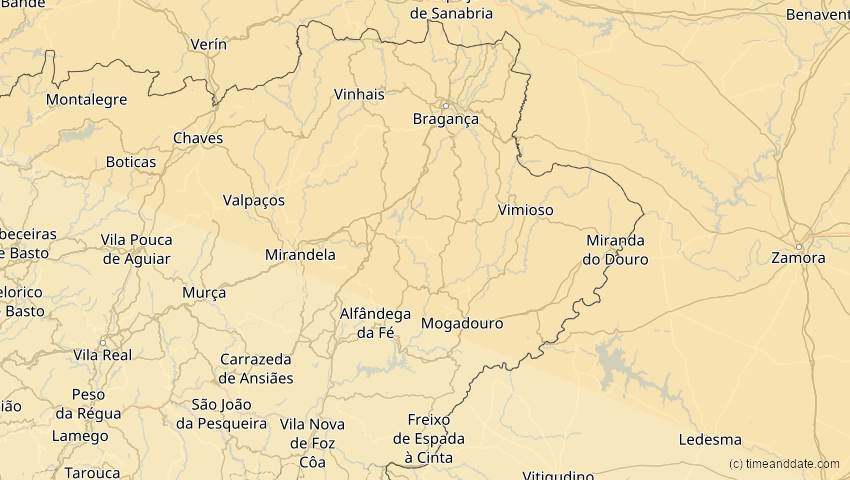 A map of Bragança, Portugal, showing the path of the 21. Aug 2036 Partielle Sonnenfinsternis