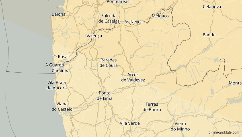 A map of Viana do Castelo, Portugal, showing the path of the 21. Aug 2036 Partielle Sonnenfinsternis