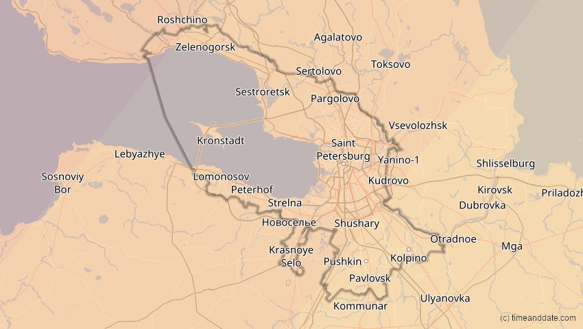 A map of Sankt Petersburg, Russland, showing the path of the 21. Aug 2036 Partielle Sonnenfinsternis