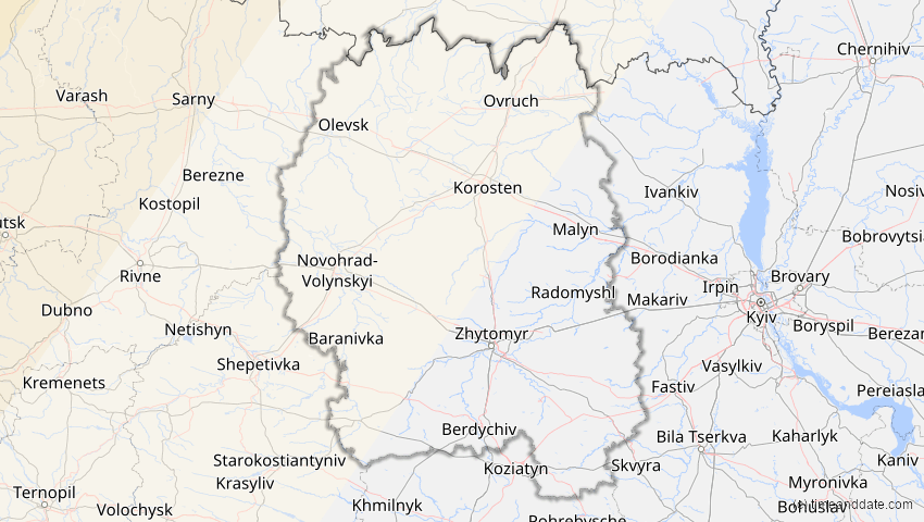 A map of Schytomyr, Ukraine, showing the path of the 21. Aug 2036 Partielle Sonnenfinsternis