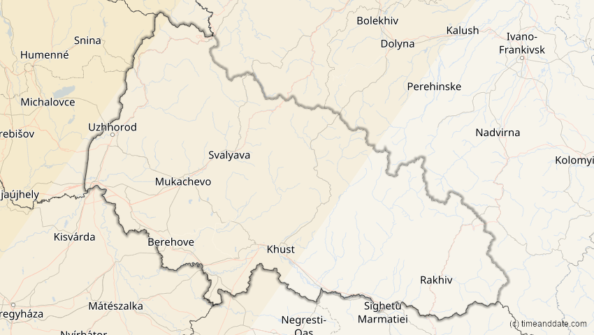 A map of Transkarpatien, Ukraine, showing the path of the 21. Aug 2036 Partielle Sonnenfinsternis