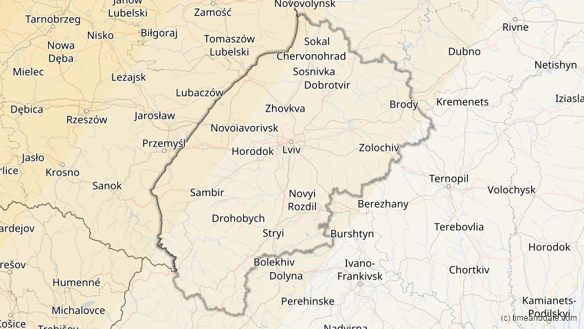 A map of Lwiw, Ukraine, showing the path of the 21. Aug 2036 Partielle Sonnenfinsternis