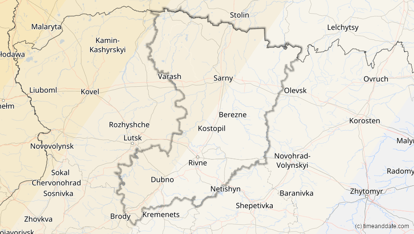A map of Riwne, Ukraine, showing the path of the 21. Aug 2036 Partielle Sonnenfinsternis