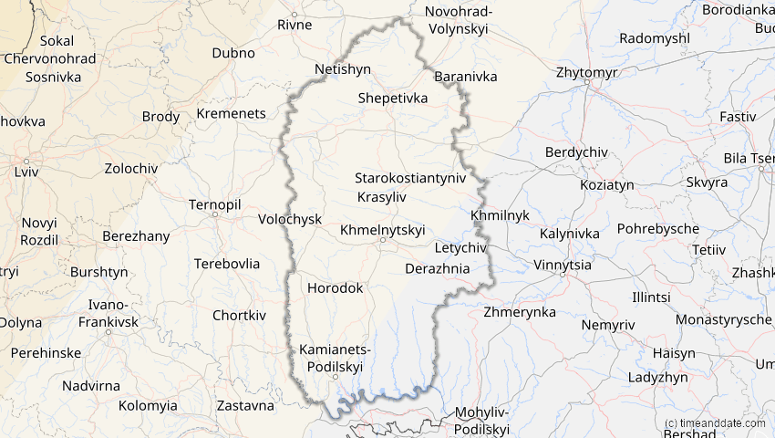 A map of Chmelnyzkyj, Ukraine, showing the path of the 21. Aug 2036 Partielle Sonnenfinsternis