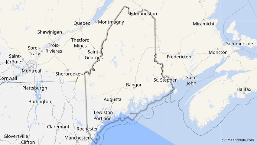 A map of Maine, USA, showing the path of the 21. Aug 2036 Partielle Sonnenfinsternis