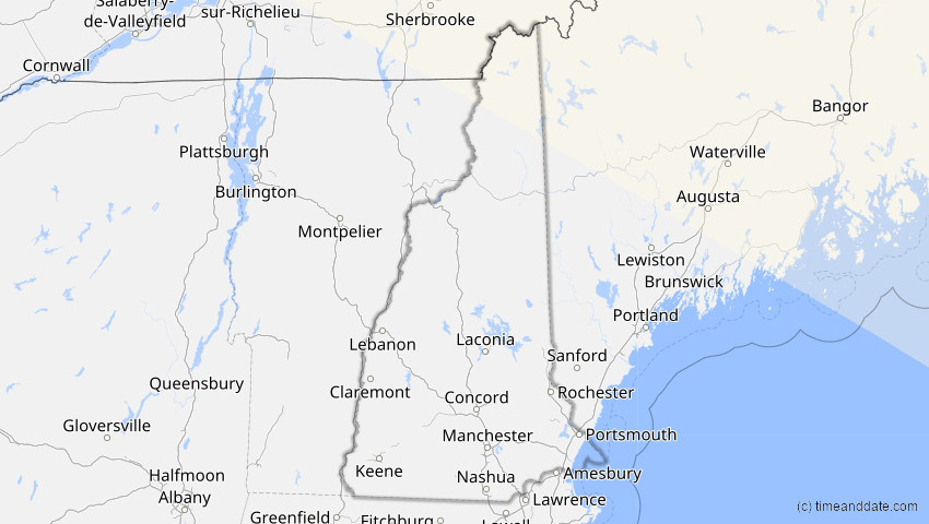 A map of New Hampshire, USA, showing the path of the 21. Aug 2036 Partielle Sonnenfinsternis
