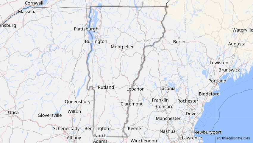 A map of Vermont, USA, showing the path of the 21. Aug 2036 Partielle Sonnenfinsternis