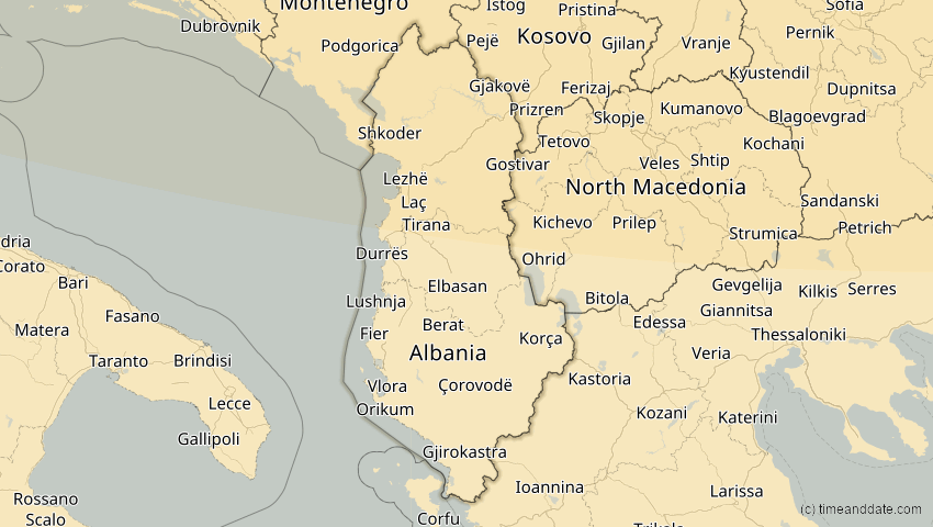 A map of Albanien, showing the path of the 16. Jan 2037 Partielle Sonnenfinsternis