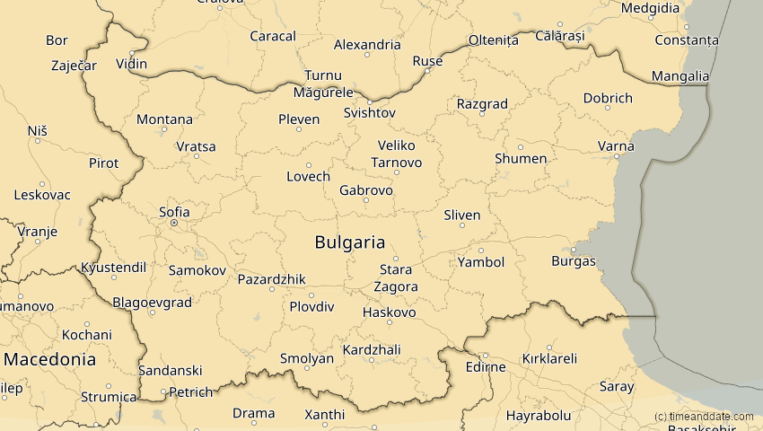 A map of Bulgarien, showing the path of the 16. Jan 2037 Partielle Sonnenfinsternis