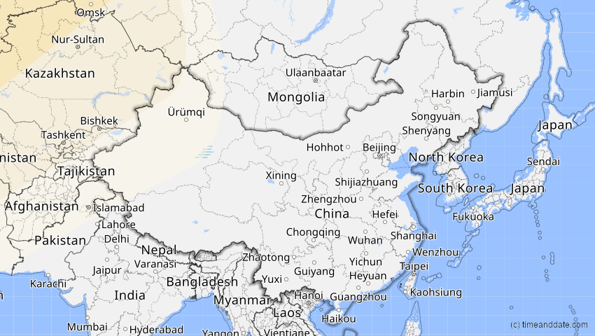 A map of China, showing the path of the 16. Jan 2037 Partielle Sonnenfinsternis