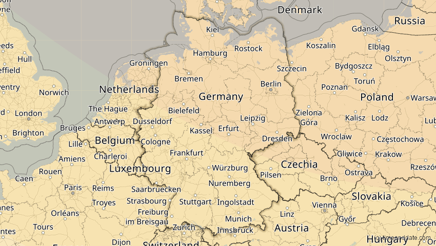 A map of Deutschland, showing the path of the 16. Jan 2037 Partielle Sonnenfinsternis