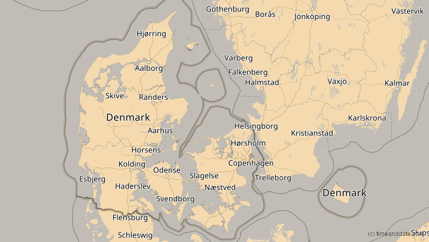 A map of Dänemark, showing the path of the 16. Jan 2037 Partielle Sonnenfinsternis