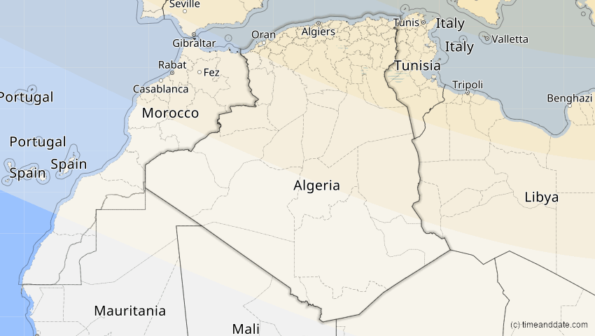 A map of Algerien, showing the path of the 16. Jan 2037 Partielle Sonnenfinsternis