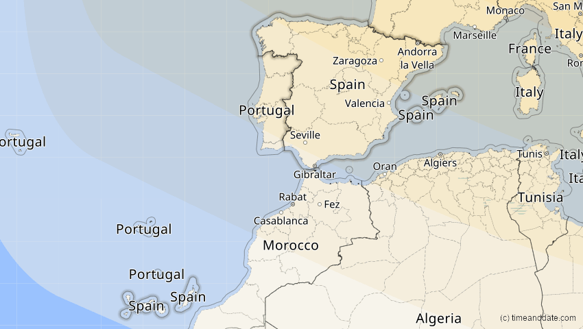 A map of Spanien, showing the path of the 16. Jan 2037 Partielle Sonnenfinsternis