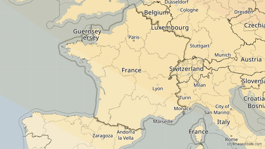 A map of Frankreich, showing the path of the 16. Jan 2037 Partielle Sonnenfinsternis