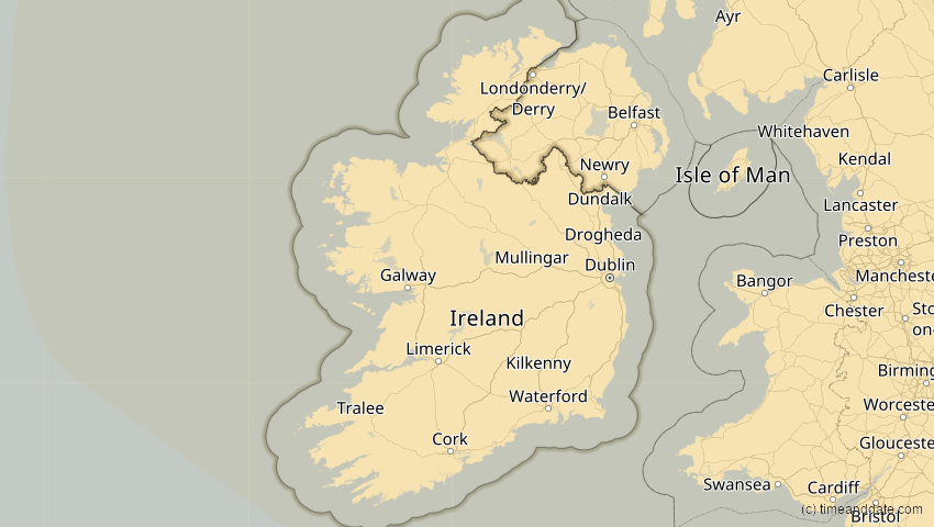 A map of Irland, showing the path of the 16. Jan 2037 Partielle Sonnenfinsternis