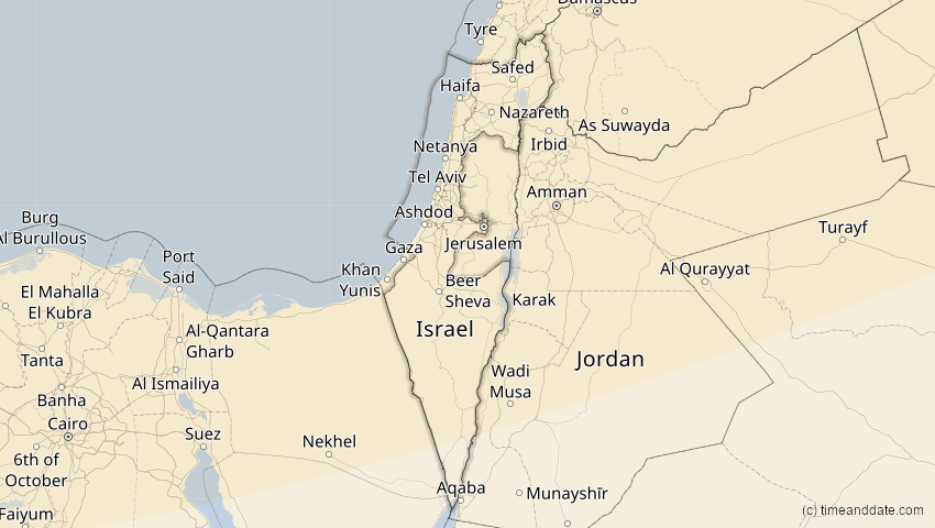 A map of Israel, showing the path of the 16. Jan 2037 Partielle Sonnenfinsternis