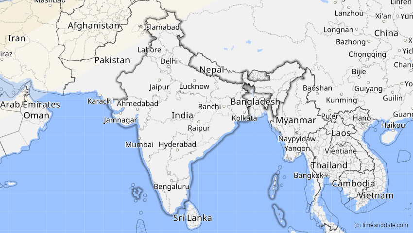 A map of Indien, showing the path of the 16. Jan 2037 Partielle Sonnenfinsternis