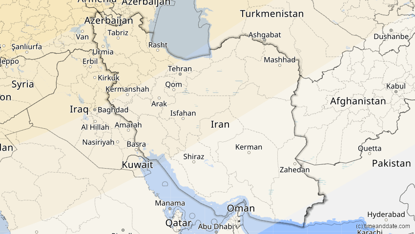 A map of Iran, showing the path of the 16. Jan 2037 Partielle Sonnenfinsternis