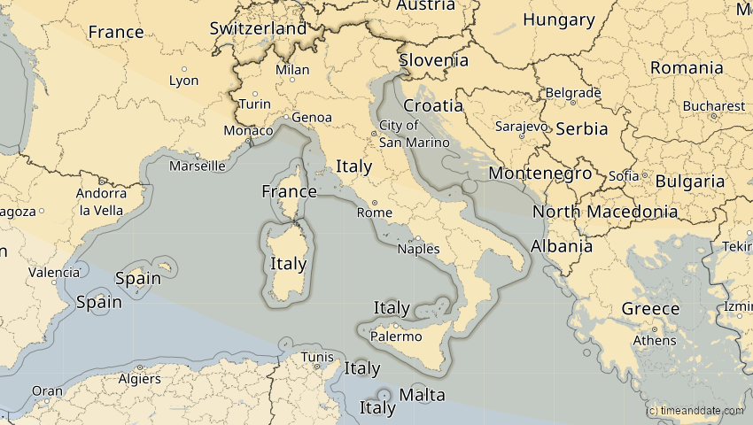 A map of Italien, showing the path of the 16. Jan 2037 Partielle Sonnenfinsternis