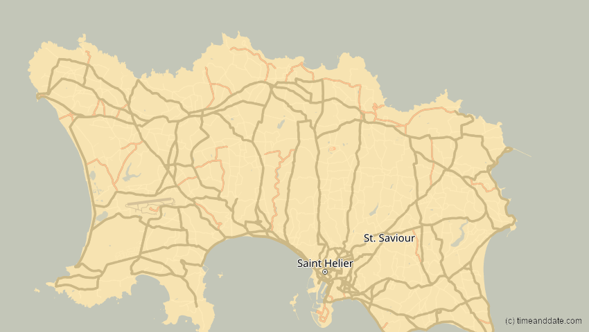 A map of Jersey, showing the path of the 16. Jan 2037 Partielle Sonnenfinsternis