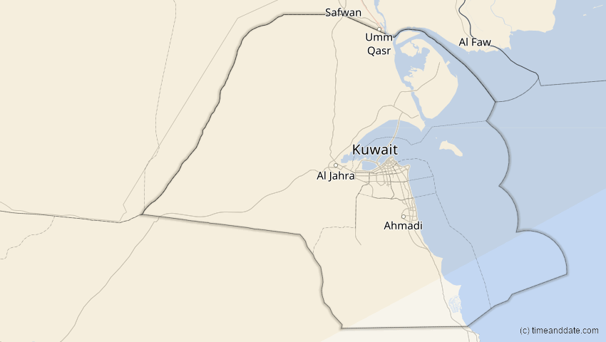 A map of Kuwait, showing the path of the 16. Jan 2037 Partielle Sonnenfinsternis