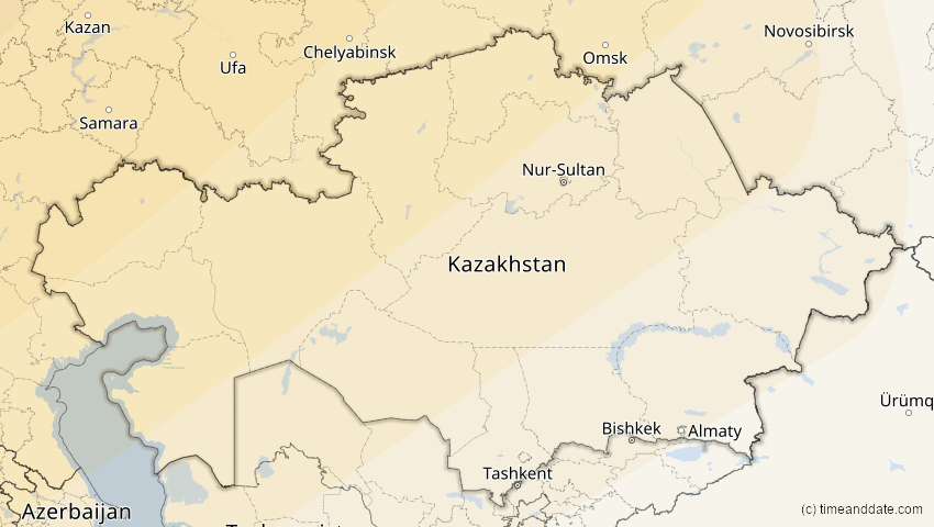 A map of Kasachstan, showing the path of the 16. Jan 2037 Partielle Sonnenfinsternis