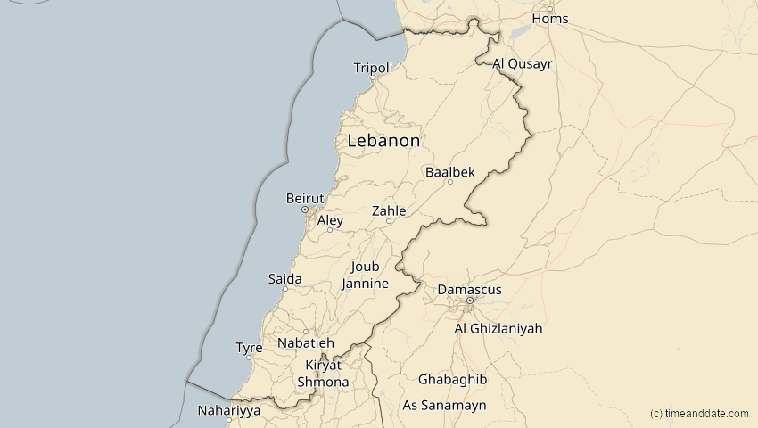 A map of Libanon, showing the path of the 16. Jan 2037 Partielle Sonnenfinsternis