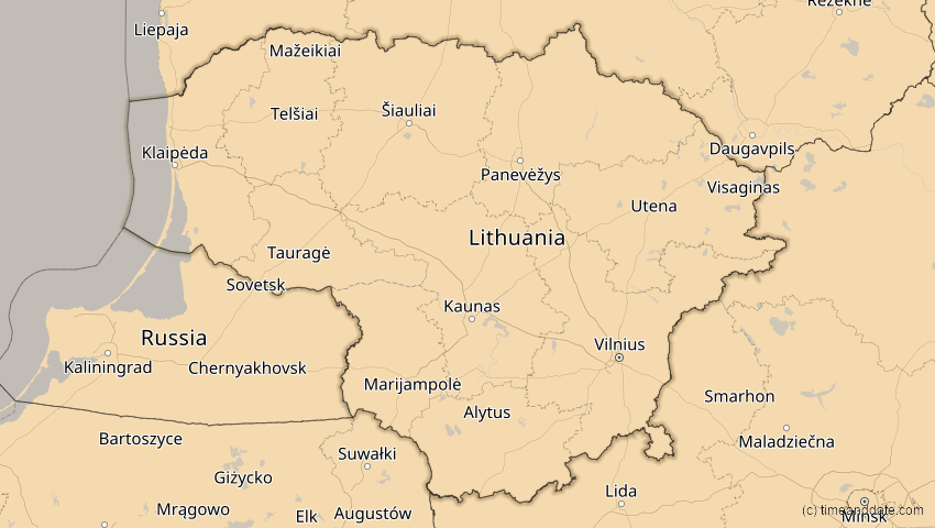 A map of Litauen, showing the path of the 16. Jan 2037 Partielle Sonnenfinsternis