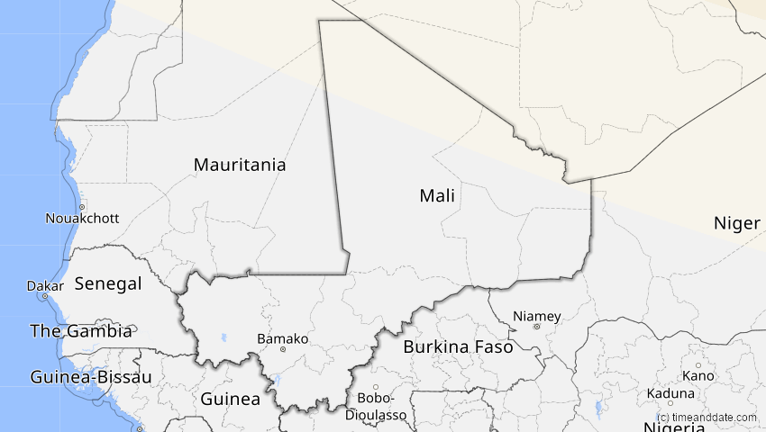 A map of Mali, showing the path of the 16. Jan 2037 Partielle Sonnenfinsternis