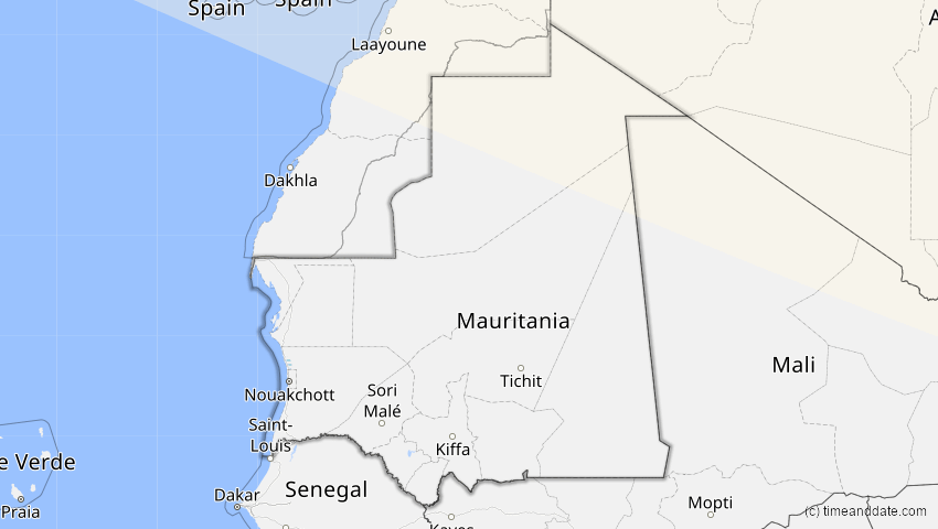 A map of Mauretanien, showing the path of the 16. Jan 2037 Partielle Sonnenfinsternis